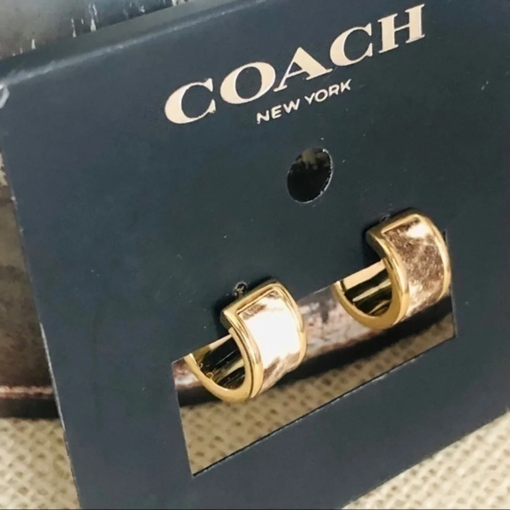 Coach New York Snake-Embossed Leather Gold Tone Hoop Earrings NWT - Picture 3 of 3